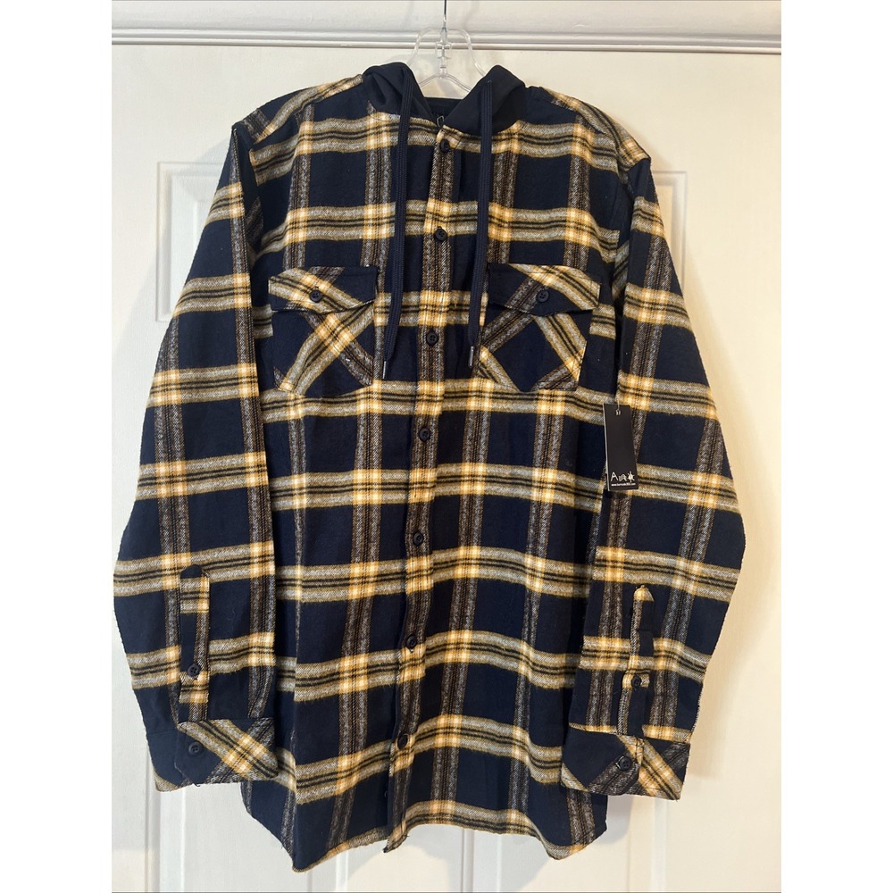 NWT Burnside Hooded Plaid Flannel Button Shirt Long‎ Sleeve Blue Mens Small  S